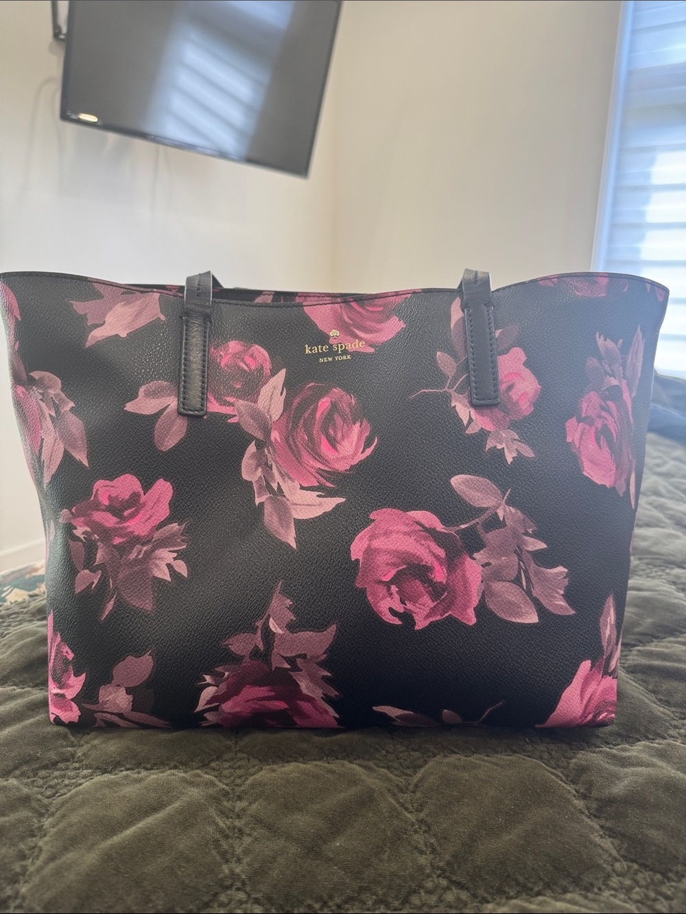 Kate Spade Black and Pink Floral Leather Tote